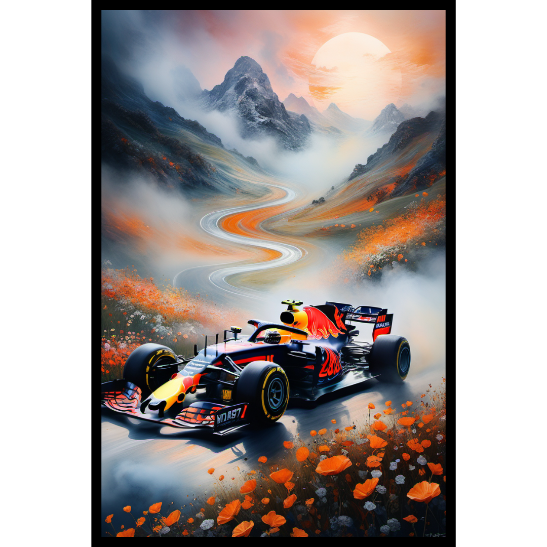 Red Bull F1 Sunset Mountain Drive Wall Art Poster