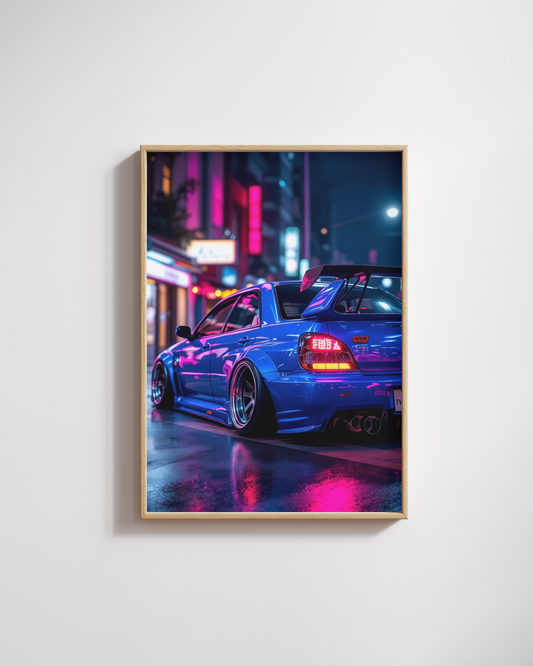 Electric Blue Night Street Racer Wall Art Poster