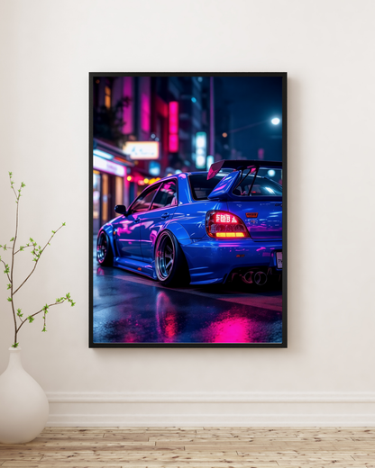 Electric Blue Night Street Racer Wall Art Poster
